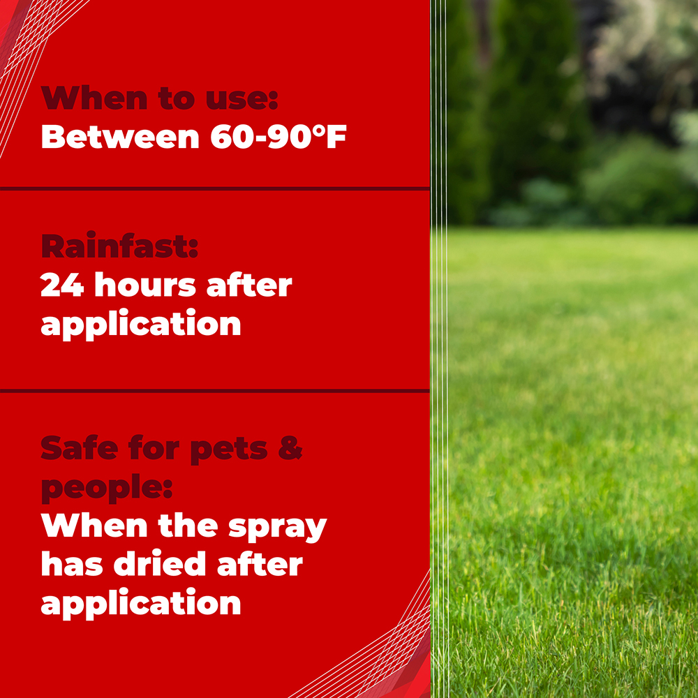 Trimec application conditions: use between 60 and 90 degrees Fahrenheit, rainfast 24 hours after application, safe for pets and people once the spray has dried